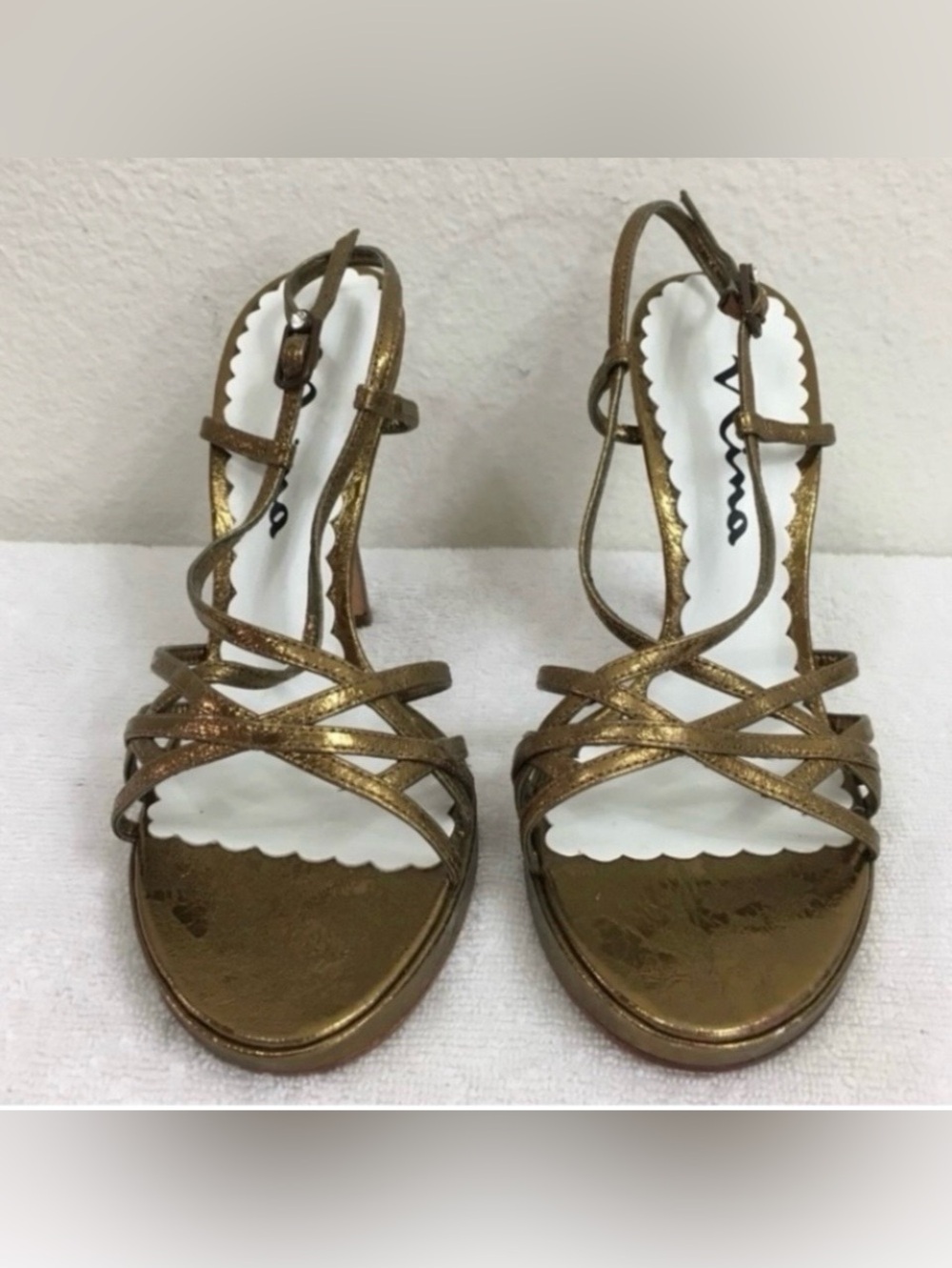 Nina Womens Metallic Bronze Leather Strappy Heeled Sandal Size 7.5 Party Classic